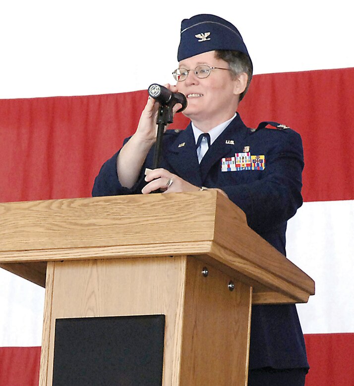 Col. Loraine Anderson speaks to the 23rd Medical Group Airmen during the change of command ceremony recently. Colonel Anderson succeeded Col. (Dr.) L. Mark Johnson, who is now the Air Mobility Command chief of medical operations at Shaw Air Force Base, Ill.
