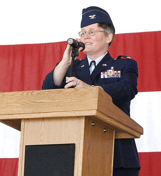 Col. Loraine Anderson speaks to the 23rd Medical Group Airmen during the change of command ceremony recently. Colonel Anderson succeeded Col. (Dr.) L. Mark Johnson, who is now the Air Mobility Command chief of medical operations at Shaw Air Force Base, Ill.