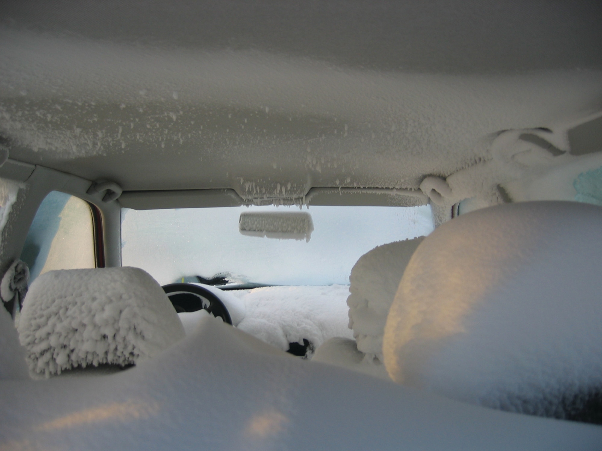 During the February 2005 storm, vehicle windows were blown out and many vehicles were filled with snow.  The wind also completely packed many engines full of snow.