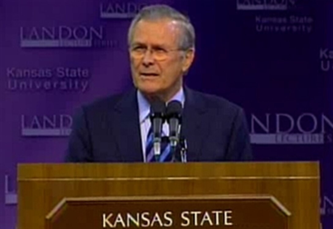 Secretary of Defense Donald H. Rumsfeld delivers remarks at Kansas State University, Nov. 9, 2006. Following the lecture Rumsfeld will dedicate an ROTC building in honor of former Chairman of the Joint Chiefs U.S. Air Force Gen. Richard B. Myers.
