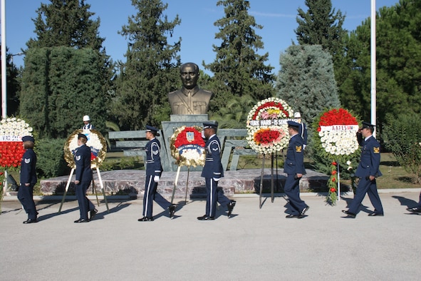 INCIRLIK AIR BASE, Turkey -- Airmen with the 10th Tanker Air Force and 39th Air Base Wing commemorated Mustafa Kemal Ataturk?s memorial at 9:05 a.m, Nov. 10, in front of the 10th Tanker headquarters building with a salute as they pass by his statue. This year marks the 68th anniversary of Ataturk?s death.  Ataturk, the founder and first president of the modern Republic of Turkey, set up schools, separated religious affairs from state affairs and granted women equal rights as men. (U.S. Air Force photo by Senior Airman Patrice Clarke)