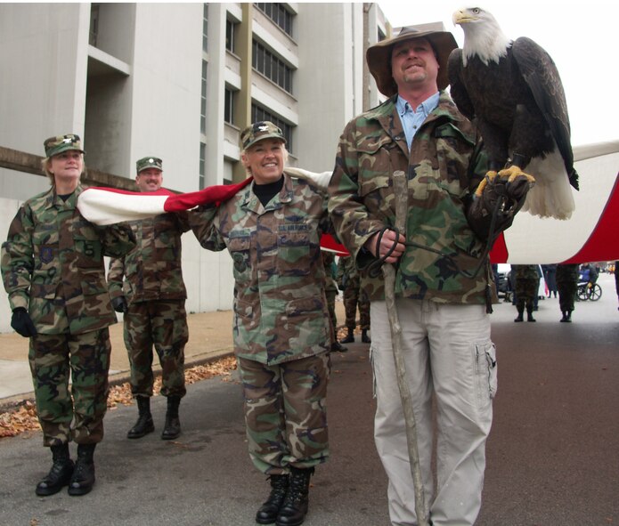 Col. Maryanne Miller, commander of the 932nd Airlift Wing at Scott Air Force Base, watches the American eagle at the November 11, 2006 Veteran's Day Parade in downtown Saint Louis.