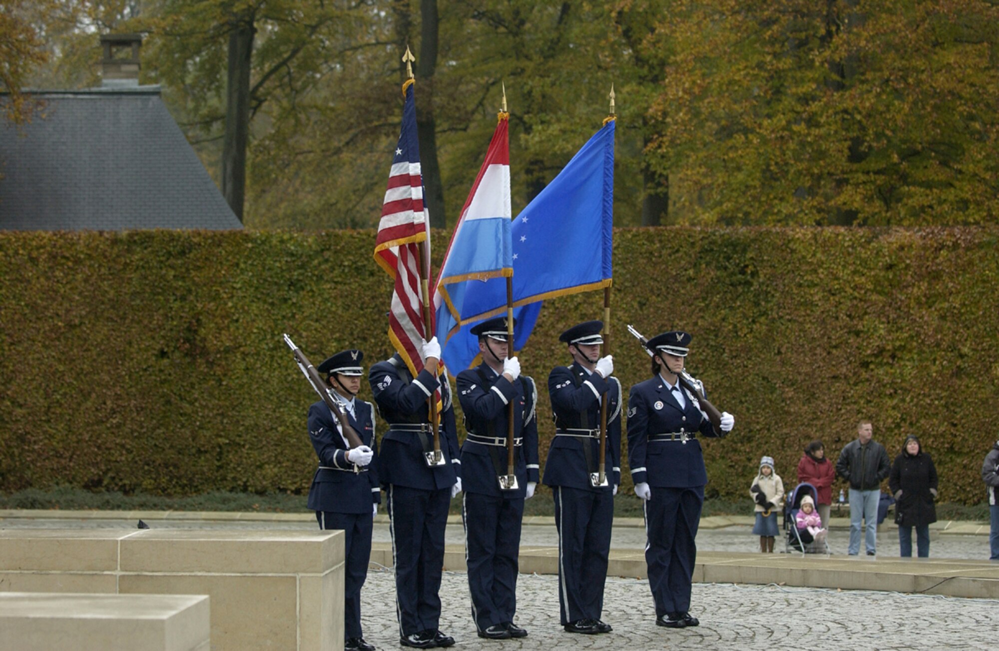An honor guard posts the colors during a Veterans Day ceremony at the Luxembourg American Cemetery and Memorial Nov. 11. The honor guard members part of the more than 90 people from Spangdahlem Air Base, Germany, who traveled to Luxembourg to pay their respects. (U.S. Air Force photo/Airman 1st Class Josie L. Kemp)