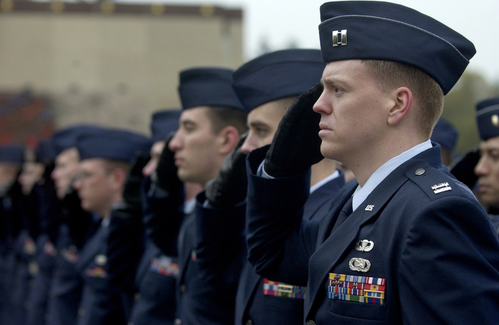 Airmen from the 52nd Fighter Wing at Spangdahlem Air Base, Germany, participate in the Veterans Day memorial ceremony the Luxembourg American Cemetery and Memorial on Nov. 11. (U.S. Air Force photo/Airman 1st Class Josie L. Kemp)