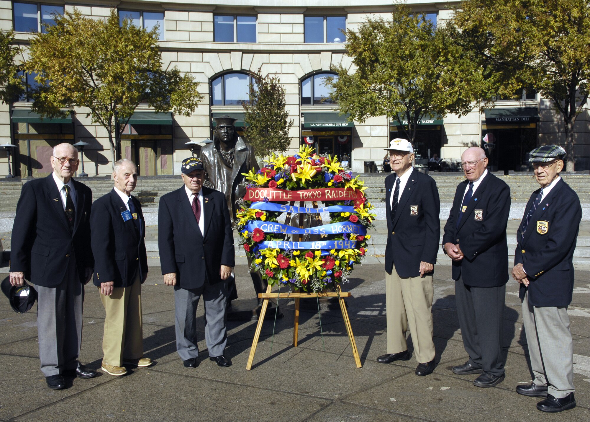 Six members of the Doolittle Raiders attend the wreath laying ceremony in honor of the USS Hornet at the Navy Memorial in Washington Nov. 9. On April 18, 1942, the Doolittle Raiders, led by then Lt. Col. Jimmy Doolittle, became the first to bombard Japan since the attack on Pearl Harbor. The Doolittle Raiders have celebrated their victory for the past 64 years. (U.S. Air Force photo/Airman 1st Class Rusti Caraker)