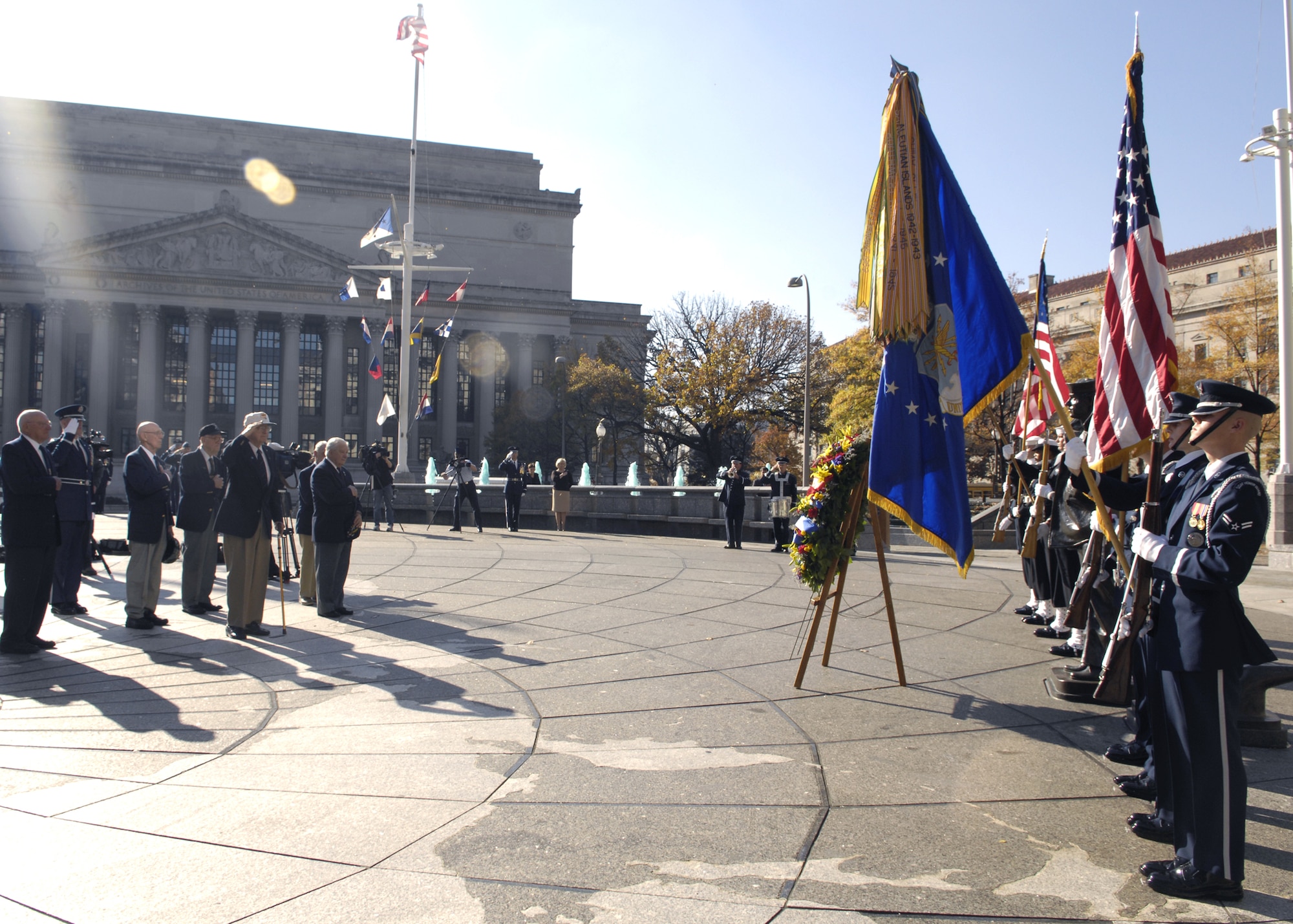 Six members of the Doolittle Raiders attend the wreath laying ceremony in honor of the USS Hornet at the Navy Memorial in Washington Nov. 9. On April 18, 1942, the Doolittle Raiders, led by then Lt. Col. Jimmy Doolittle, became the first to bombard Japan following the attack on Pearl Harbor. The Doolittle Raiders have celebrated their victory for the past 64 years. (U.S. Air Force photo/Airman 1st Class Rusti Caraker) 