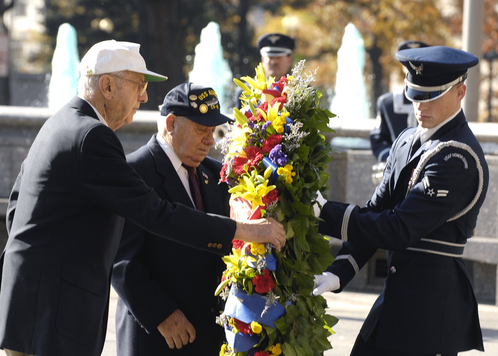Retired Maj. Gen. David Jones and Philip Antoniello lay a wreath in honor of the USS Hornet at the Navy Memorial in Washington Nov. 9. On April 18, 1942, the Doolittle Raiders, led by then Lt. Col. Jimmy Doolittle, became the first to bombard Japan following the attack on Pearl Harbor. The Doolittle Raiders have celebrated their victory for the past 64 years. (U.S. Air Force photo/Airman 1st Class Rusti Caraker) 