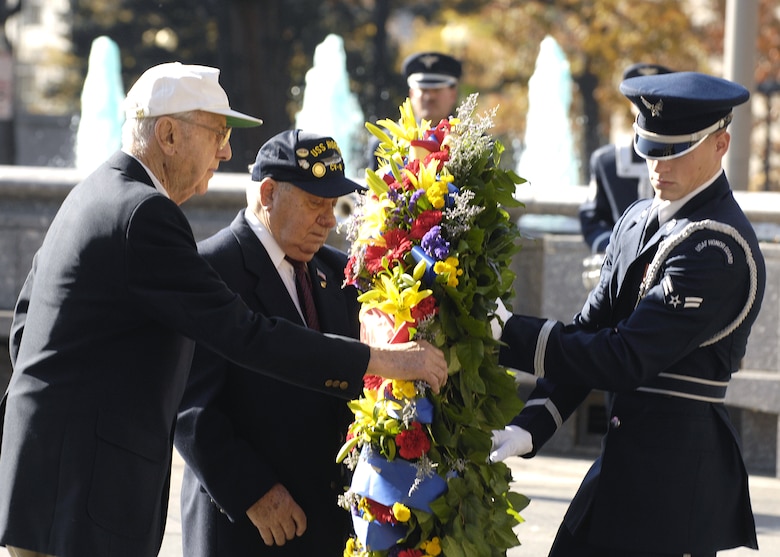 Retired Maj. Gen. David Jones and Philip Antoniello lay a wreath in honor of the USS Hornet at the Navy Memorial in Washington Nov. 9. On April 18, 1942, the Doolittle Raiders, led by then Lt. Col. Jimmy Doolittle, became the first to bombard Japan following the attack on Pearl Harbor. The Doolittle Raiders have celebrated their victory for the past 64 years. (U.S. Air Force photo/Airman 1st Class Rusti Caraker) 
