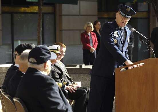 Gen. Ronald E. Keys serves as host at the wreath laying ceremony in honor of the USS Hornet at the Navy Memorial in Washington Nov. 9. On April 18, 1942, the Doolittle Raiders, led by then Lt. Col. Jimmy Doolittle, became the first to bombard Japan following the attack on Pearl Harbor. The Doolittle Raiders have celebrated their victory for the past 64 years. General Keys is the commander Air Combat Command. (U.S. Air Force photo/Airman 1st Class Rusti Caraker)
