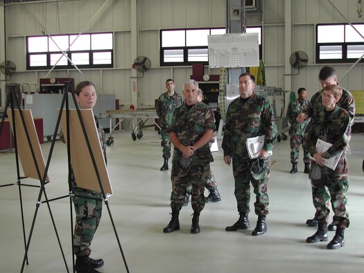 Airman 1st Class Heather Hammond, 436th Maintenance Squadron, briefs Daedalian award team members about a Jet Engine Intermediate Lean Event here recently. Lean is a tool to streamline work processes and save money. It's one of many reasons that Dover Air Force Base recently won the Clemens McMullen Memorial Daedalian Weapon System Maintenance Trophy for Air Mobility Command. Dover hasn't won the presitigous award since the base claimed back-to-back titles in 1993 and 1994. Dover Air Force Base will now go on to compete against other installations at the Air Force level. The base hasn’t won at the Air Force level since 1975. (U.S. Air Force photo/Staff Sgt. John Respoli)
