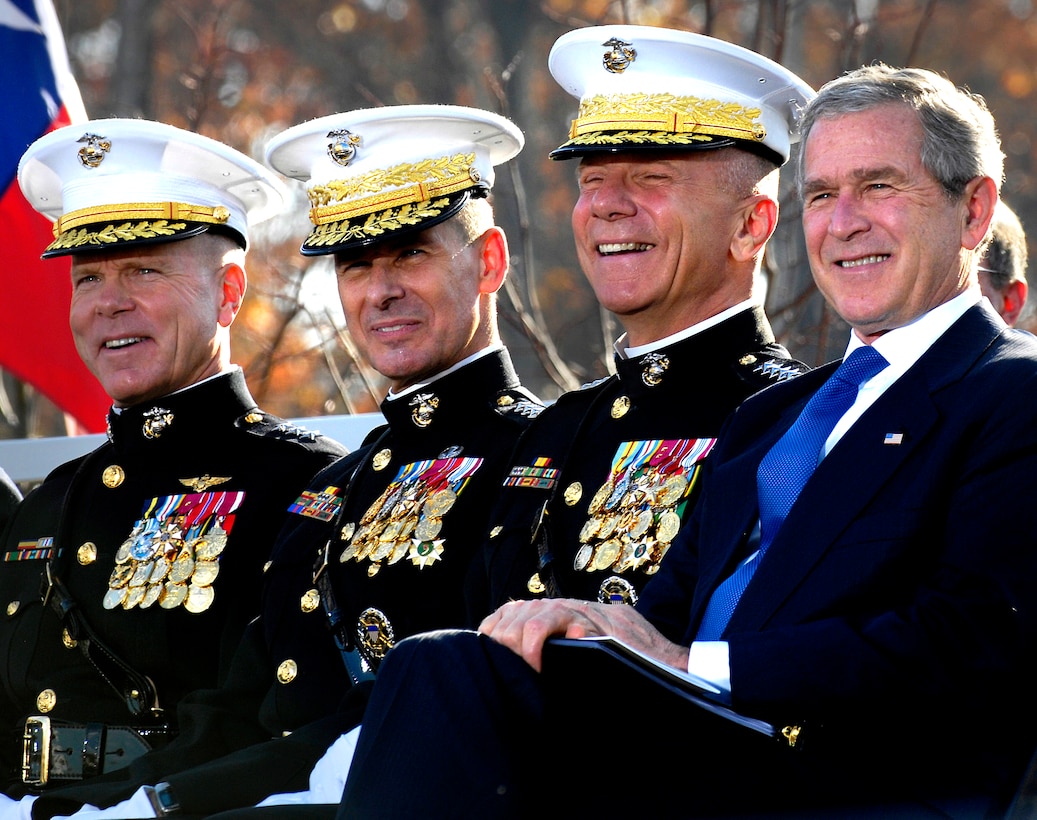From right: President George W. Bush, Marine Gen. Michael W. Hagee, commandant of the Marine Corps, Marine Gen. Peter Pace, chairman of the Joint Chiefs of Staff, and Lt. Gen. James Amos, deputy commandant for Combat Development and Integrations, attend the official opening of the National Museum of the Marine Corps during the birthday celebration of the Marine Corps in Triangle, Va., Nov. 10, 2006.