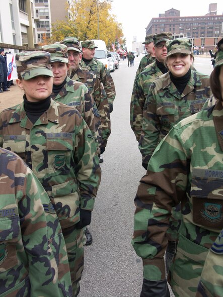 Airmen of the 932nd Airlift Wing from Scott Air Force Base await their parade start as they honored veterans November 11, 2006.  It was cold, and sometimes windy, but the heart of the Air Force Reservists showed their pride to the crowds.  Photo/Capt. Stan Paregien