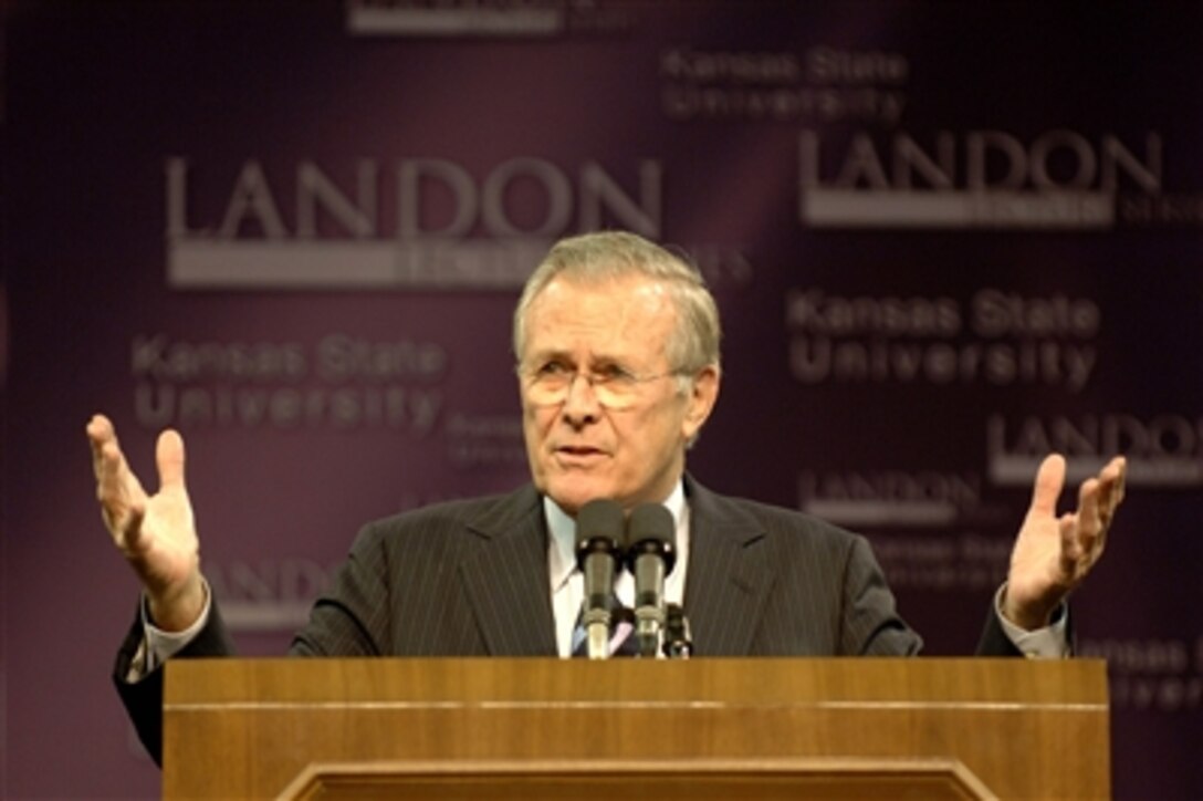 Secretary of Defense Donald H. Rumsfeld presents Kansas State University's 146th Landon Lecture to approximately 4,000 attendees in Manhattan, Kan., on Nov. 9, 2006.  