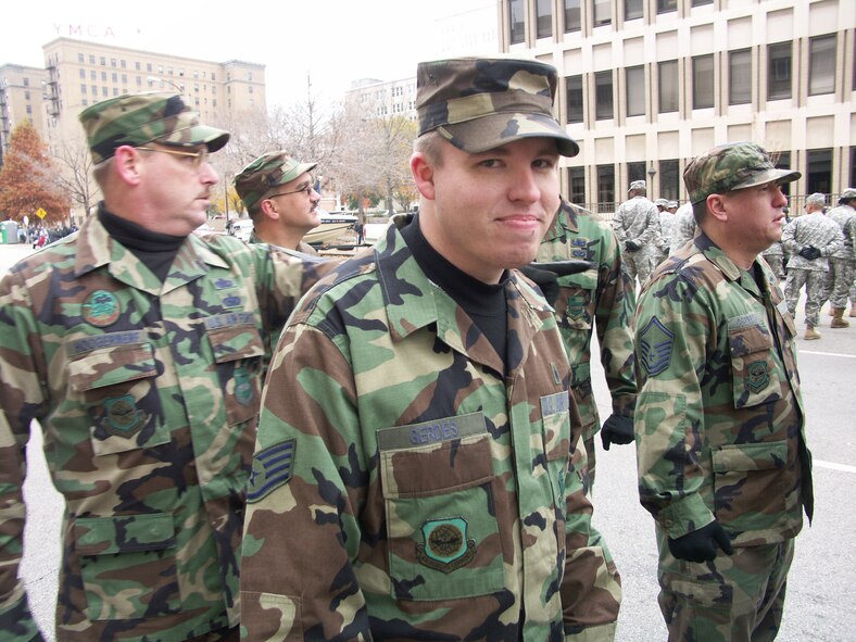 Airmen gathered on November 11 as veterans everywhere were honored. VETERAN's DAY PARADE 2006: Veterans were honored by members of the 932nd Airlift Wing, Air Force Reserve Command, located at Scott Air Force Base, Ill. Would you like to join these patriots? Call 1-800-257-1212 for information. Photo/Capt. Stan Paregien  