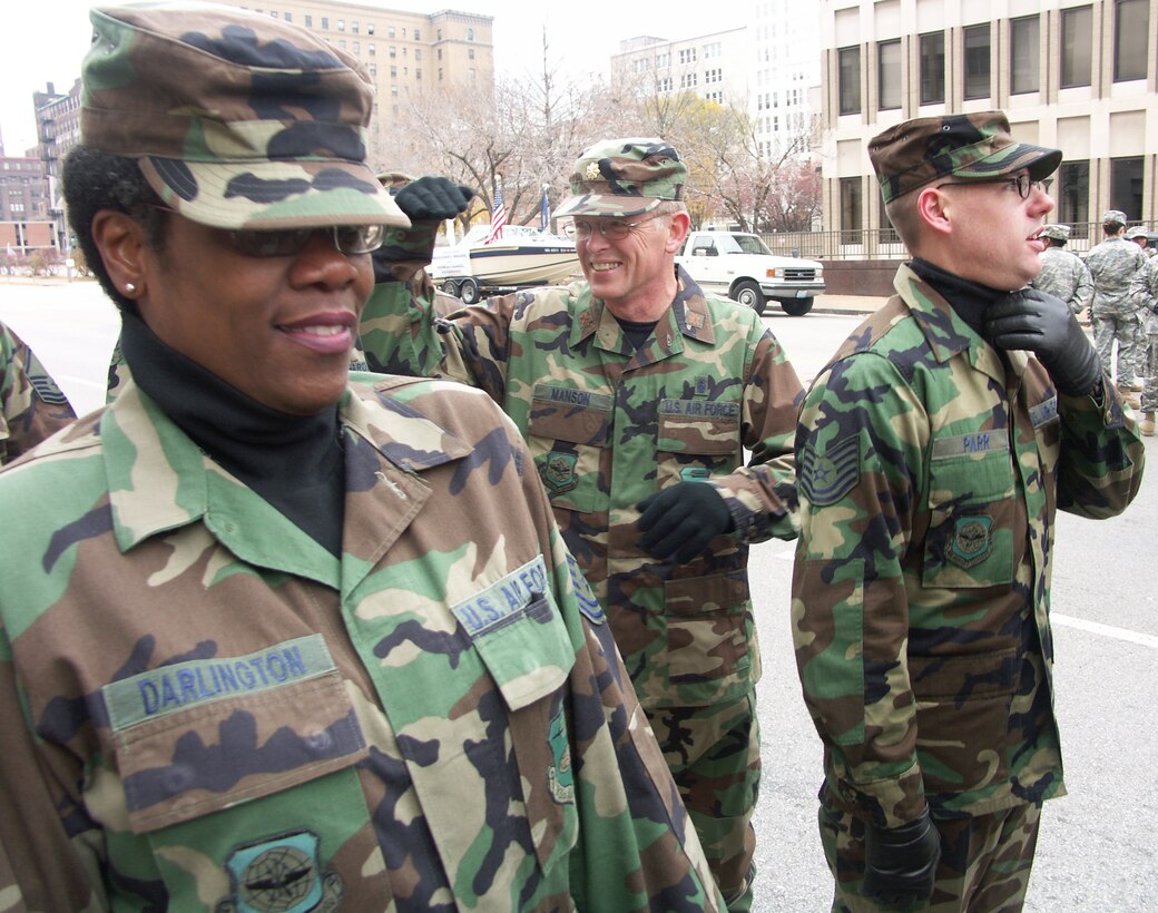 Patriotism...Airmen met together in downtown Saint Louis to remember those who had paved the way before them. VETERAN's DAY PARADE 2006: Veterans were honored by members of the 932nd Airlift Wing, Air Force Reserve Command, located at Scott Air Force Base, Ill. Would you like to join these patriots?  Call 1-800-257-1212 for information. 