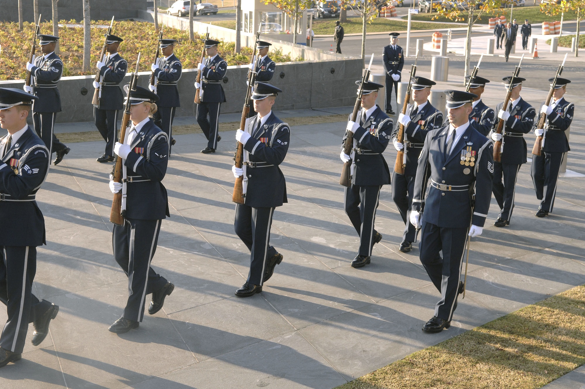 United States Air Force Honor Guard members from Bolling Air Force Base, move into place during a memorial ceremony Nov. 10 in Arlington, Va. (U.S. Air Force photo/Tech. Sgt. Cohen Young) 