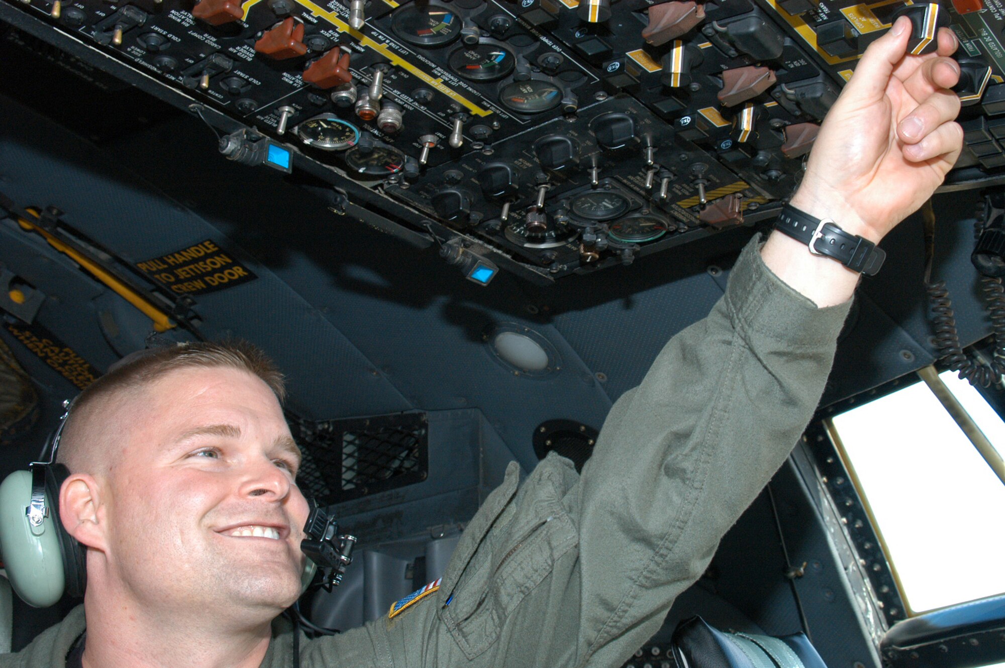 Tech. Sgt. Joey Link, 39th Airlift Squadron flight engineer, performs a pre-flight check Monday. He is a cross-trainee into this career enlisted aviator job.                                