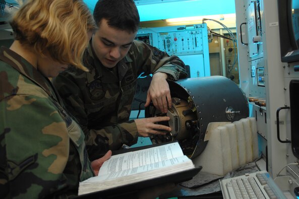 EIELSON AIR FORCE BASE, Alaska -- Airman First Class Matthew Orr and Airman Heather Mangerson, 354th Maintenance Squadron, 354th Fighter Wing, Eielson Air Force Base, Alaska, install a slip ring onto an F-16 targeting pod here on 15 November.
(U.S. Air Force Photo by Staff Sgt Joshua Strang)