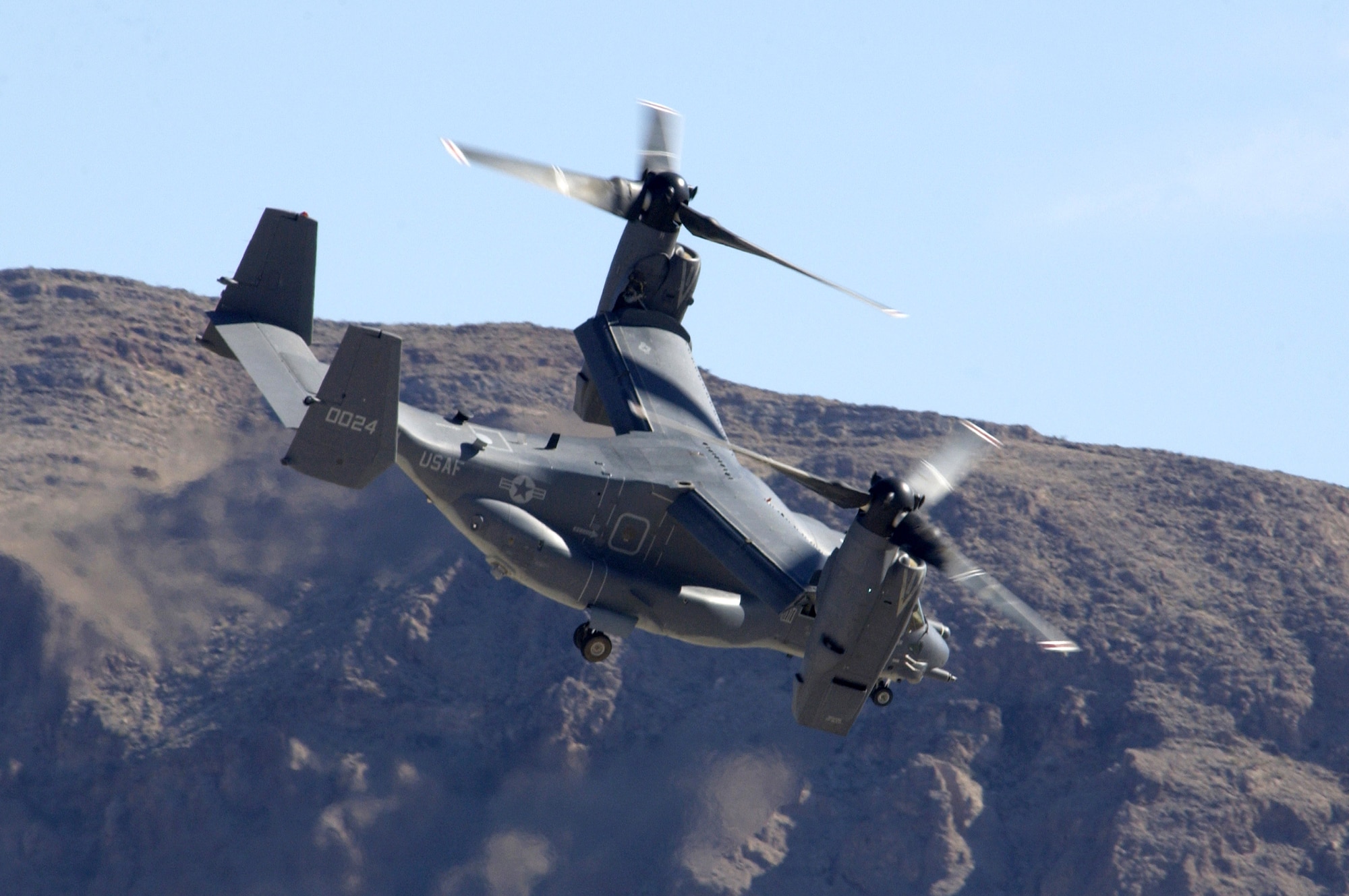 A CV-22 Osprey performs a fly-over during Aviation Nation 2006 Nov. 12 at Nellis Air Force Base, Nev. Aviation Nation has been called one of the most diverse, entertaining and well run air shows in America, and was held Nov. 11 and 12. (U.S. Air Force photo/Master Sgt. Kevin J. Gruenwald)