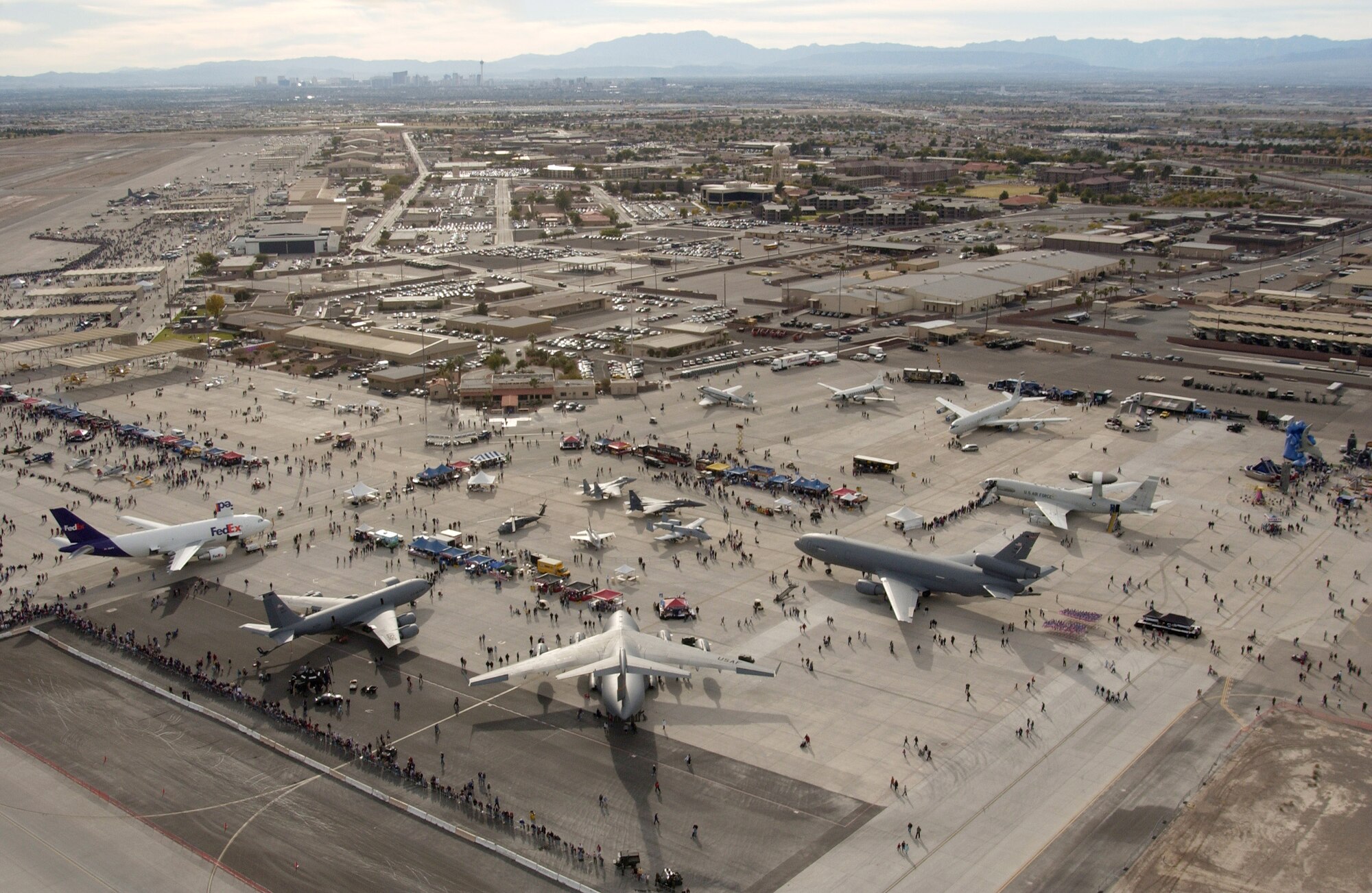 An aerial view of the flightline shows the city of Las Vegas in the distance during Aviation Nation 2006 Nov. 12 at Nellis Air Force Base, Nev. It is one of the largest aviation events in North America. The show was held Nov. 11 and 12. (U.S. Air Force photo/Master Sgt. Kevin J. Gruenwald)