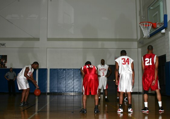 A member of  the Sheppard Senators mens varsity basketball team gets ready to shoot a free-throw Sunday at the Pitsenbarger Fitness Center. The Senators took on Goodfellow Air Force Base’s Hawks and won, 83-62. (U.S. Air Force photo/Airman Jacob Corbin).