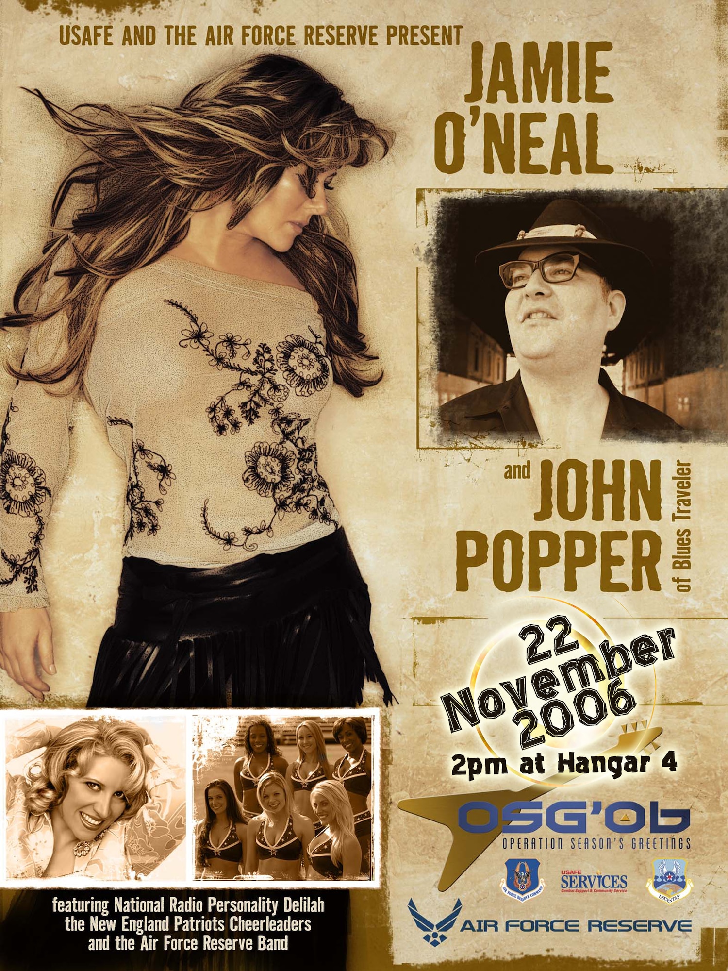 Country music artist Jaime O’Neal, entertainer of the air waves Delilah, John Popper of the platinum-selling group Blues Traveler, and the New England Patriots cheerleaders will tour USAFE bases and deployed locations from Monday to Dec. 2. 
The show here will be Wednesday at 2 p.m. in Hanger 4. All base personnel are encouraged to come. It will be considered an alternate duty location. Immediately following the show their will be an autograph signing in the hanger. (U.S. Air Force Courtesy Graphic)