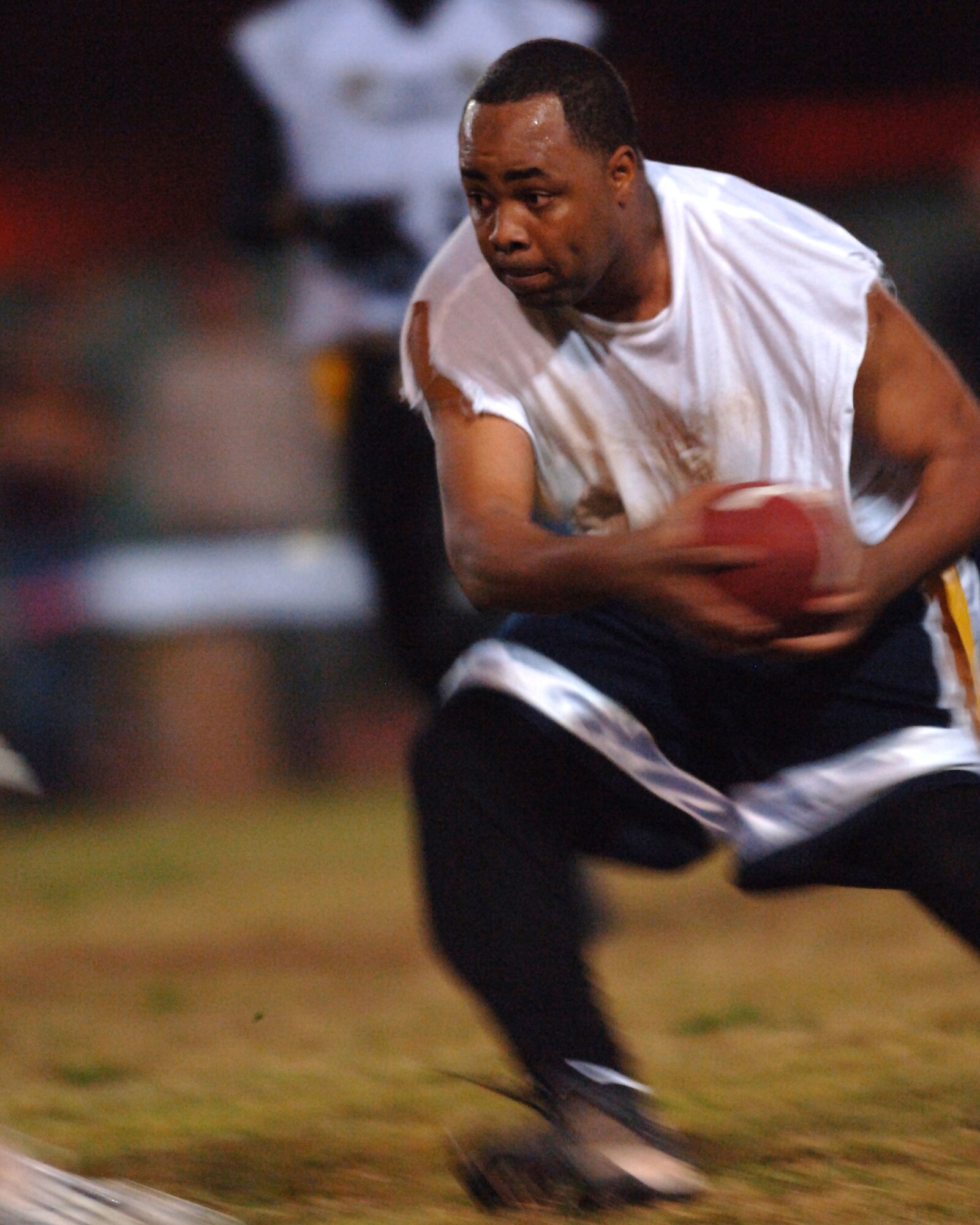 Arthur Simpson, 39th Contracting Squadron/Civil Engineer Squadron, looks for open room to run against the 39th Logistics Readiness Squadron on Nov. 14. LRS defeated CONS/CES 18-12 in overtime. (U.S. Air Force Airman 1st Class Nathan W. Lipscomb)