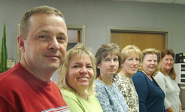 Mr. Tim Storms, Ms. Wendy Santos, Ms. Toni Myers, Ms. Brenda George, Ms. Judy Sarrazin and Ms. Julie Gibbs make up the 442nd Fighter Wing's Financial Management Office.  In addition to overseeing a budget of more than $60 million, this staff of experts offers first-rate customer service to Reservists and civilians in the wing. (US Air Force photo/Master Sgt. Bill Huntington)