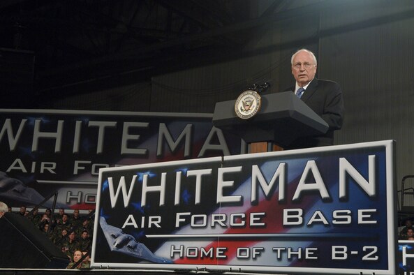 Vice President Dick Cheney addressed more than 2,000 Airmen, family members and civilians in Whiteman Air Force Base's T-9 maintnenance hangar Oct. 27.  The vice president said that the war on terror is a battle for the future of our civilization.  (U.S. Air Force photo/Staff Sgt. Felicia Haeker)