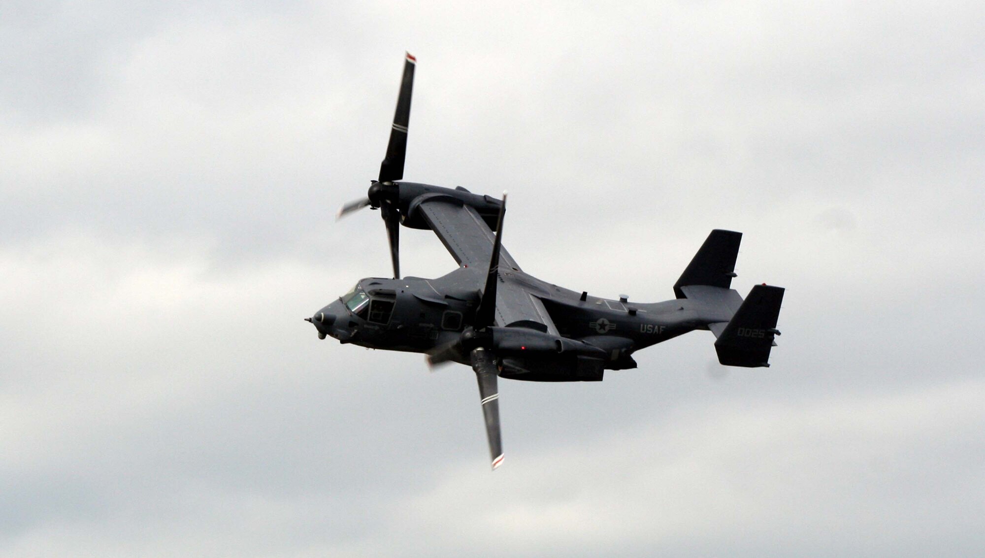 The CV-22 Osprey makes its descent onto Hurlburt Field at the arrival ceremony November 16. Hurlburt Field is the first Air Force base to receive the operational aircraft.