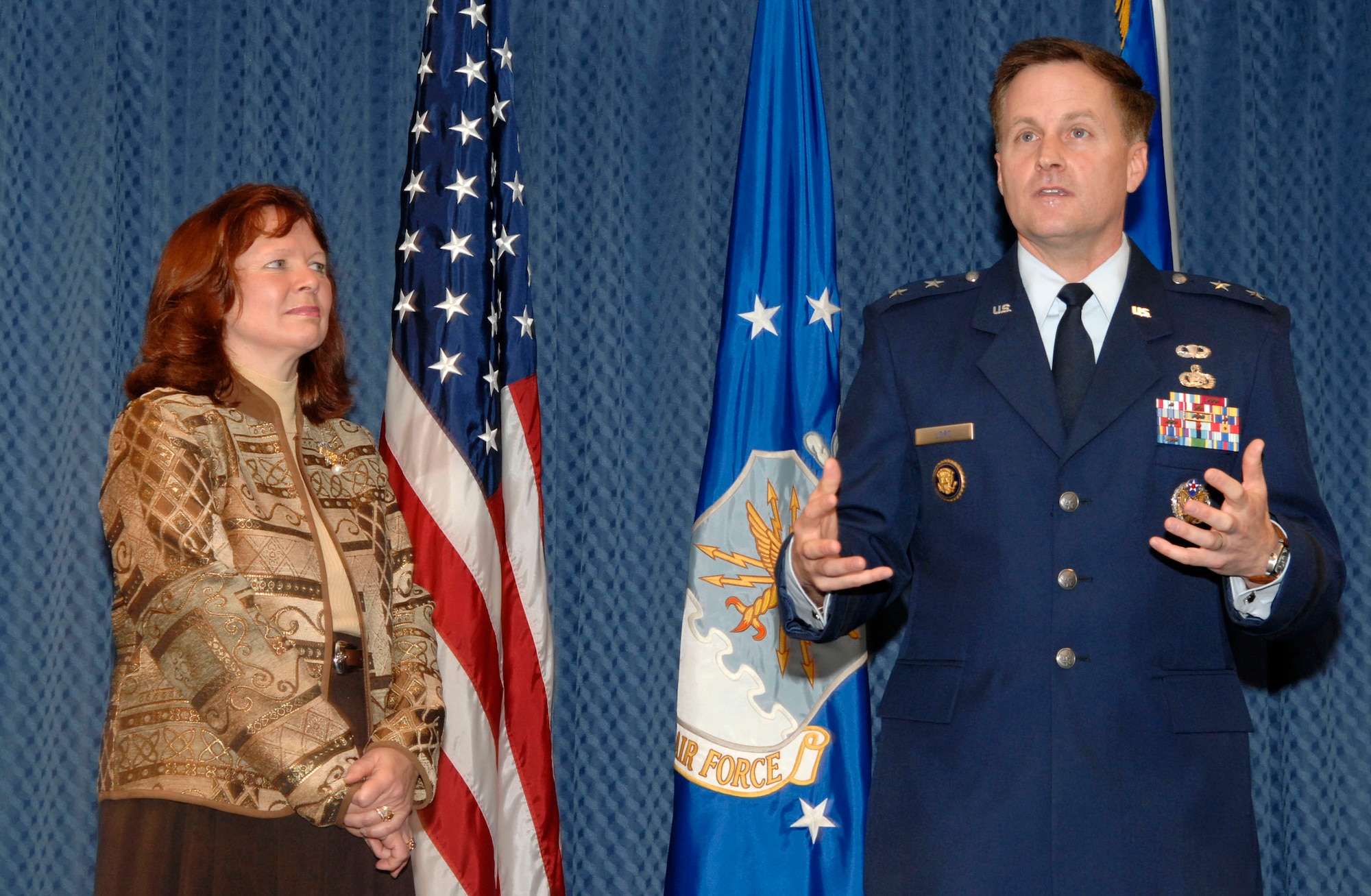 Maj. Gen. William T. Lord makes a few remarks after he and his wife, Cynthia, received the O'Malley Award from Air Force Chief of Staff Gen. T. Michael Moseley Nov. 15 at the Pentagon. The award is given to the wing commander and spouse who were the most involved in their community. General Lord was the base commander at Keesler Air Force Base, Miss., where he dealt with four hurricanes, including Katrina and Rita, that devasted the Gulf Coast. (U.S. Air Force photo/Tech. Sgt. Cohen Young)