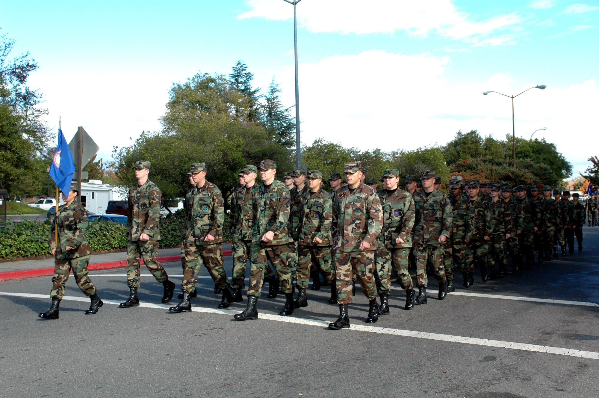 Airmen from the Sgt. Paul P. Ramoneda Airman Leadership School marched down Kentucky Street during the City of Fairfield’s Veterans Day Parade, Nov.11. Members from the 60th Air Mobility Wing, 349th AMW and the 615th Contingency Response Wing also participated in this year’s parade, which was dedicated to women veterans. (U.S. Air Force photo by Staff Sgt. Candy Knight/ 60th Air Mobility Wing Public Affairs)