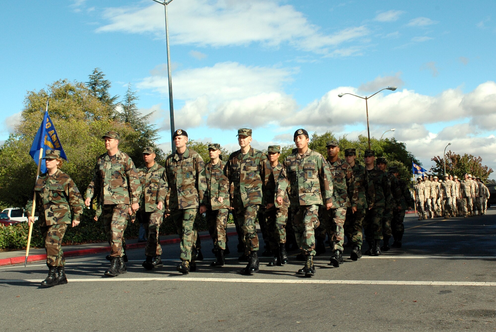 Members of the 60th Air Mobility Wing, followed by members of the 615th Contingency Response Wing, marched down Kentucky Street during the City of Fairfield’s Veterans Day Parade, Nov.11. Members from the 349th Air Mobility Wing also participated in the parade. (U.S. Air Force photo by Staff Sgt. Candy Knight/ 60th Air Mobility Wing Public Affairs)
