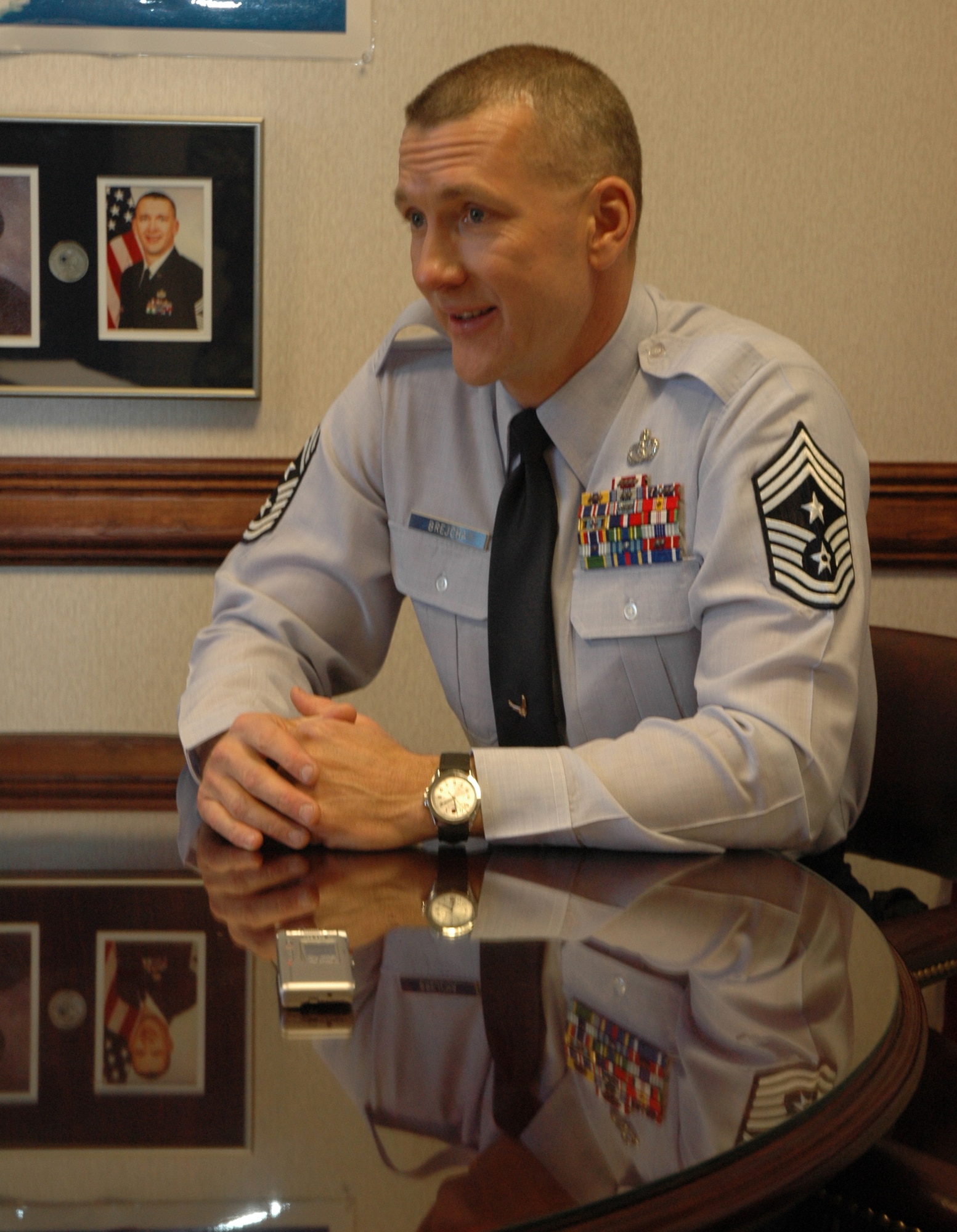 MINOT AIR FORCE BASE, N.D. -- Chief Master Sgt. Mark Brejcha, the new 91st Space Wing command chief, sits down to discuss his top priorities and what it will be like being the 91st SW’s command chief during an interview in his office Nov. 14. According to Chief Brejcha, he is humble to be here and believes Minot Air Force Base is second to none. Chief Brejcha entered the Air Force in May 1981 and has been a chief master sergeant since August 2002. He assumed his new duties Oct. 30. (U.S. Air Force photo by Airman Wesley Wright)