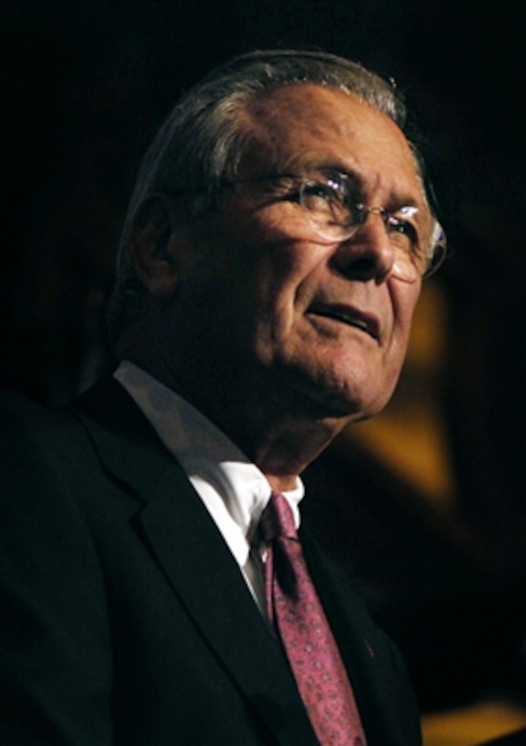 Secretary of Defense Donald H. Rumsfeld gives the keynote address during the American Spectator magazine's Robert L. Bartley annual dinner at the Mandarin Oriental Hotel in Washington, D.C., on Nov. 15, 2006.  