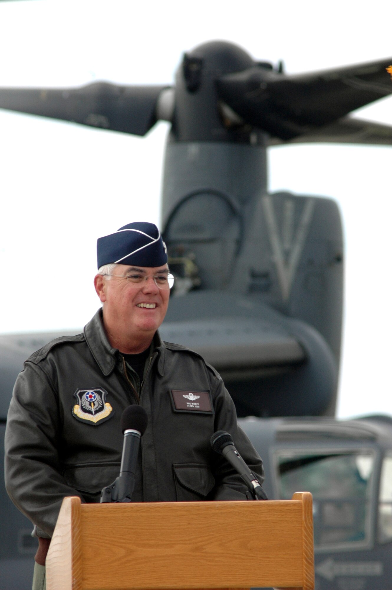Lt. Gen. Michael W. Wooley, commander of Air Force Special Operations Command, shows his enthusiasm after piloting a CV-22 Osprey to the command's Air Force 60th Anniversary commemoration at Hurlburt Field, Fla., Nov. 16.  (U.S. Air Force photo/Chief Master Sgt. Gary Emery)