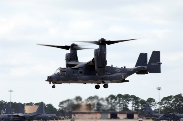 The CV-22 Osprey flies by during its unveiling ceremony at Hurlburt Field, Fla. on Nov 16.  The arrival of the CV-22 to Air Force Special Operations Command is part of Hurlburt Field's Heritage to Horizon commemoration, reflecting on the heritage of air commandos, reaffirming the commitment to the war on terrorism and resolving to continually expand capabilities. The commemoration also includes marking the re-designation of the 16th Special Operations Wing to the 1st SOW and the Air Force's 60th birthday.  (U.S. Air Force photo/Airman First Class Stephanie Sinclair)