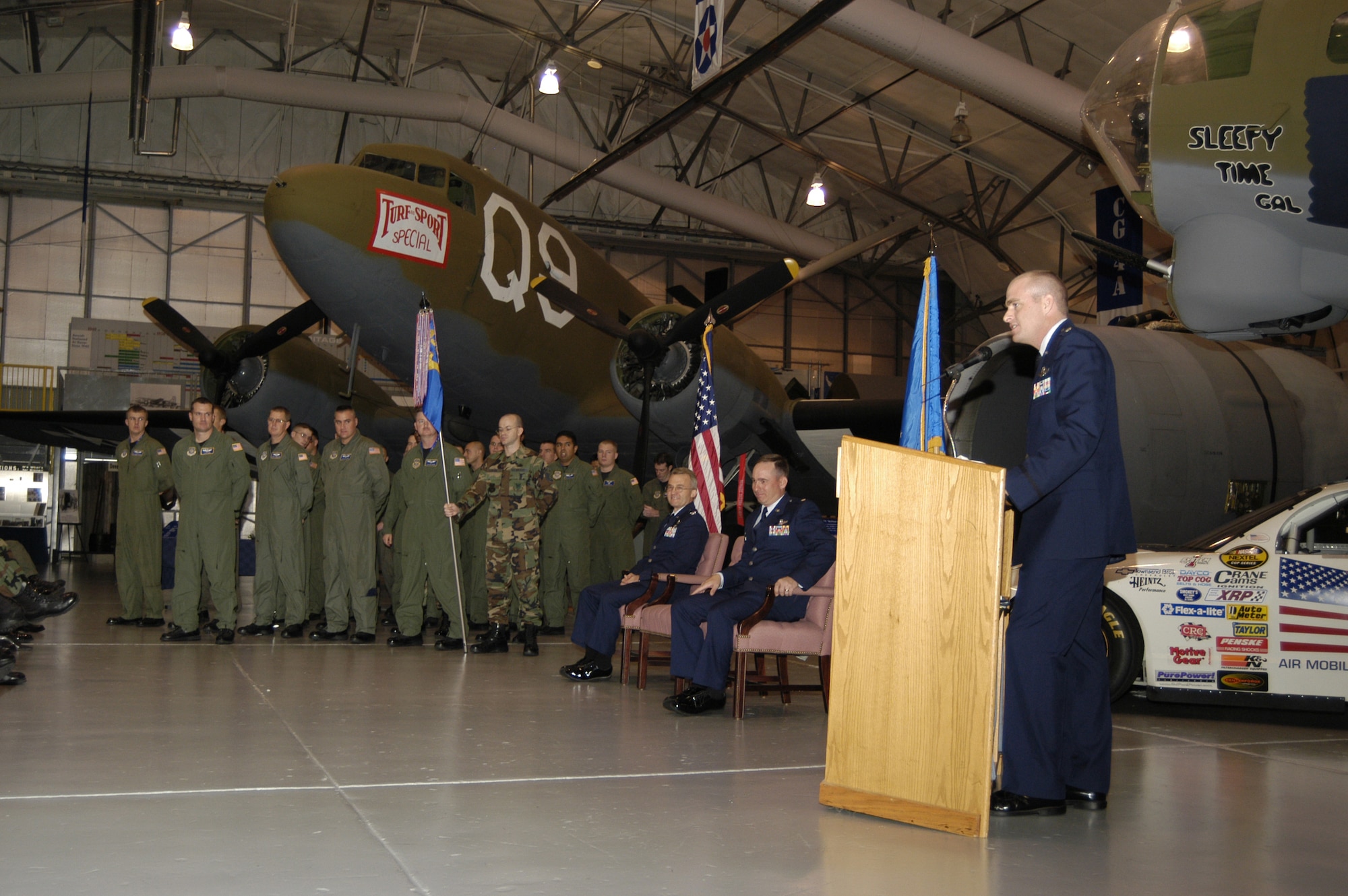 Lt. Col. Darren James, 9th Airlift Squadron commander, speaks to the personnel placed under his charge Nov. 13 at the Air Mobility Command Muesum. Lt. Col. Thomas Murphy relenquished command of the 9th AS to Colonel James to become the 436th Operations Group deputy commander. Col. Merril Alligood, 436th OG commander, was the presiding officer for the the ceremony. (U.S. Air Force photo/Senior Airman James Bolinger)