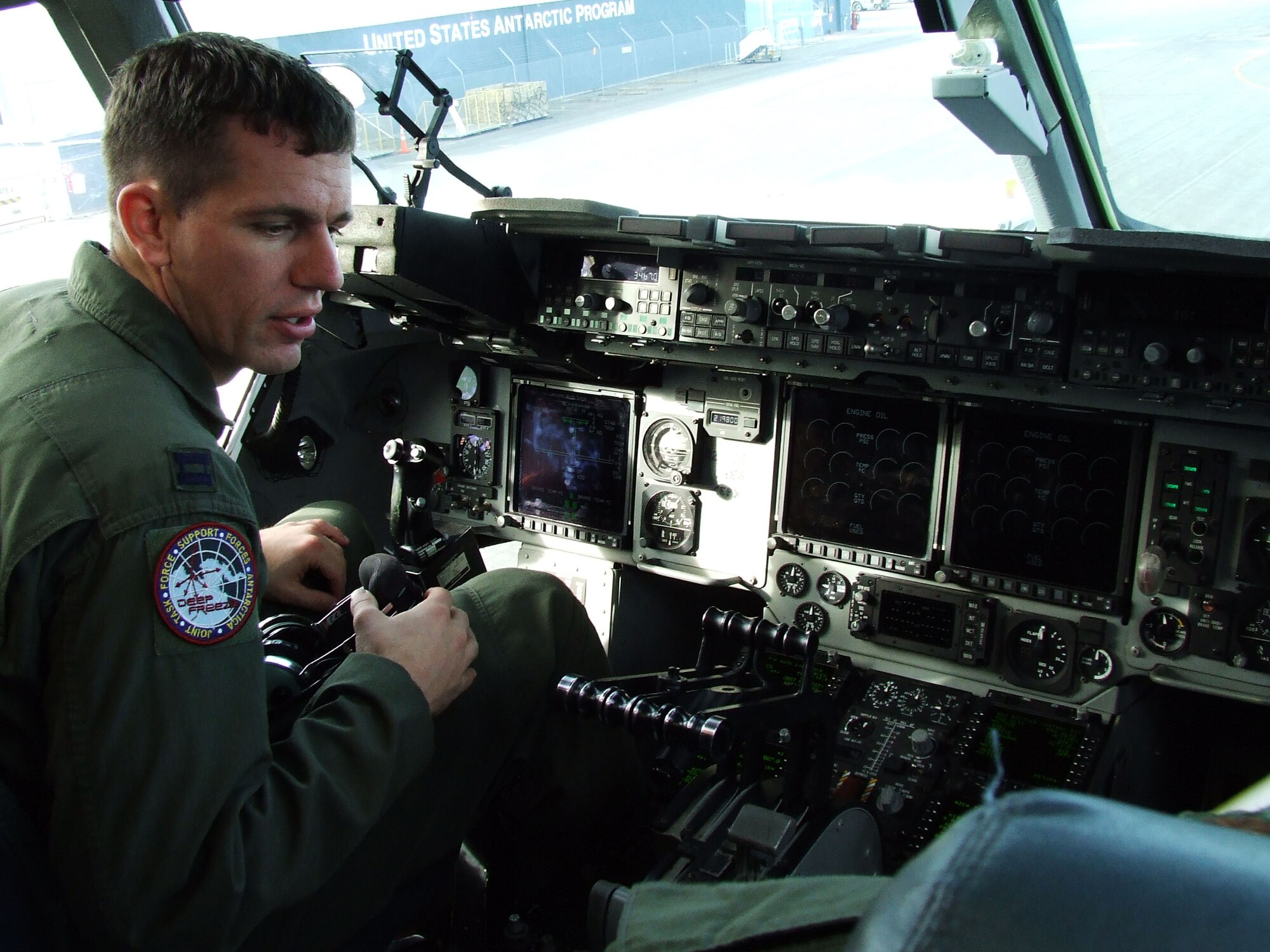 MCMURDO STATION, Antarctica - Capt. Philip Poeppelman, 8th Airlift Squadron, runs pre-flight checklists Nov. 14, 2006, before departing Christchurch, New Zealand, for Antarctica. U.S. Air Force Photo/ By 1st Lt Erika Yepsen