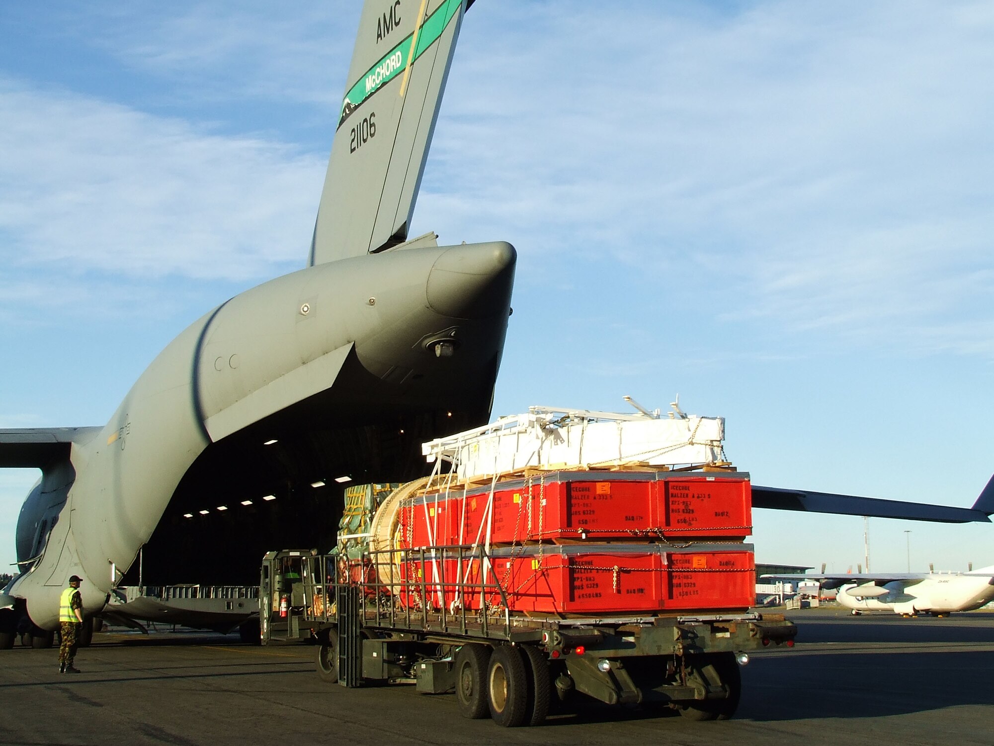 CHRISTCHURCH, New Zealand - Equipment and supplies are loaded on a McChord C-17 Globemaster III Nov. 13, 2006, here in preparation for the flight to Antarctica as part of Operation Deep Freeze. U.S. Air Force Photo/ By 1st Lt Erika Yepsen