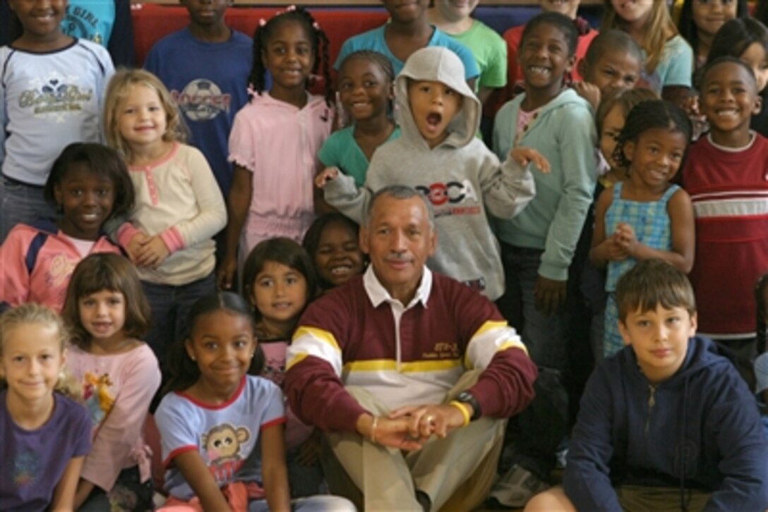 Former Marine and astronaut, Maj. Gen. Charles F. Bolden Jr., visited students at Kinser Elementary School, Okinawa, Japan,  Nov. 13, as well as three other on-base schools. Bolden used his experiences as an astronaut to send the messages "work hard, study hard, and don't fear failure."
