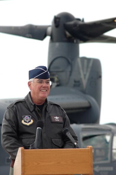 Lt. Gen. Michael W. Wooley, commander of Air Force Special Operations Command, shows his enthusiasm after piloting a CV-22 Osprey to the command’s Air Force 60th Anniversary commemoration at Hurlburt Field, Fla., Nov. 16. 