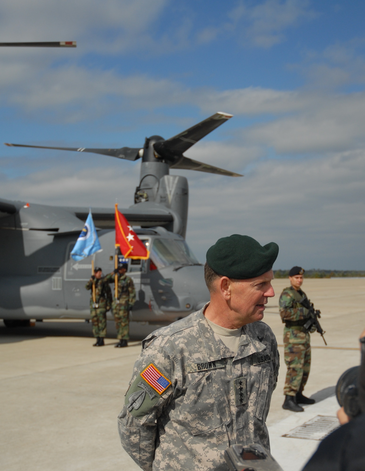 Army Gen. Doug Brown, commander of U.S. Special Operations Command, addresses the crowd at the Air Force 60th Anniversary commemoration held at Hurlburt Field, Fla., on Nov.16.  The event was marked by the arrival of the CV-22 Osprey to Hurlburt Field and the redesignation of Air Force Special Operations Command’s 16th Special Operations Wing as the historic 1st SOW.