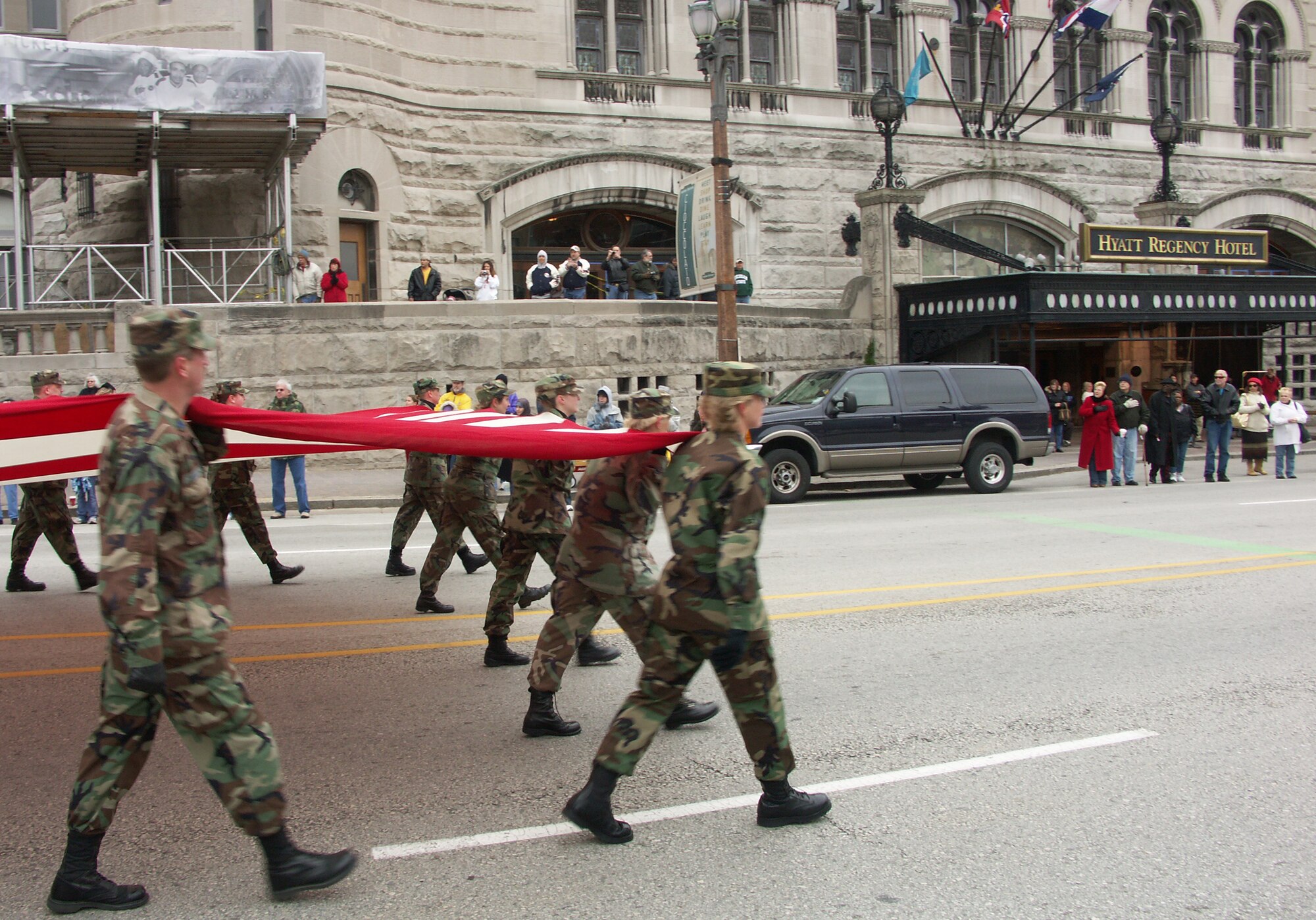 Veterans were honored by members of the 932nd Airlift Wing, Air Force Reserve Command, located at Scott Air Force Base, Ill.  They marched their huge American flag through the streets of Saint Louis on a cold, blustery, November day.  Photo/Capt. Stan Paregien
