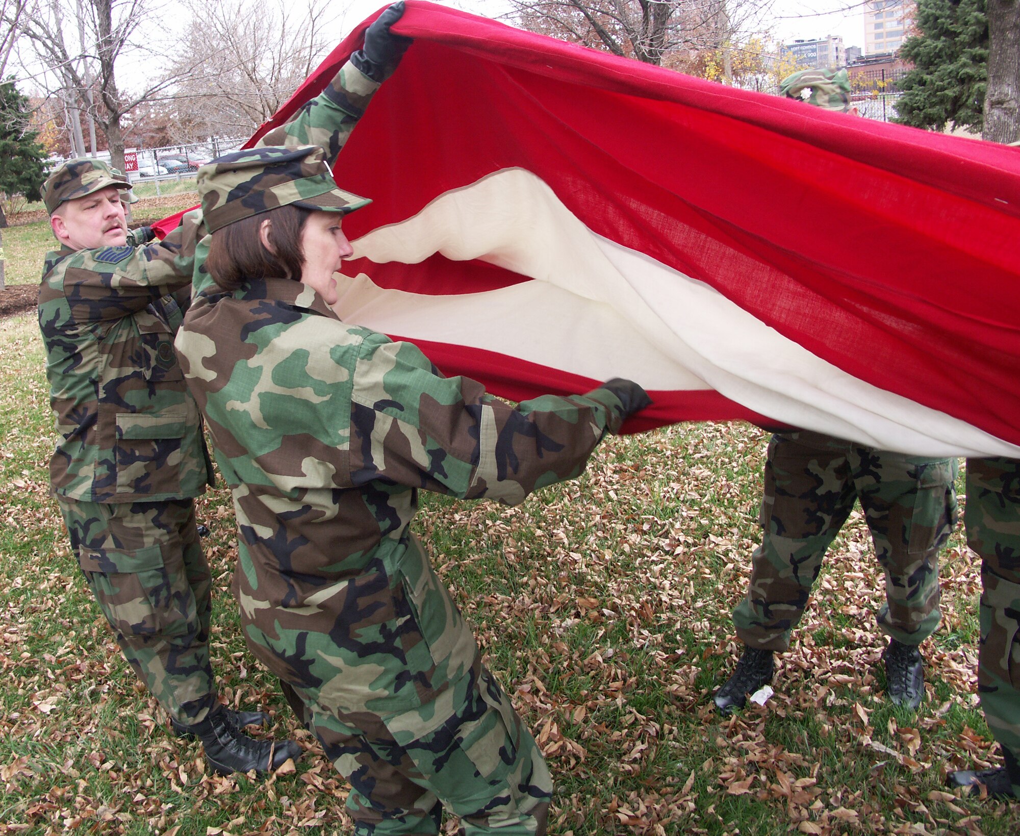 Fold it with pride...Veterans were honored by members of the 932nd Airlift Wing, Air Force Reserve Command, located at Scott Air Force Base, Ill.  They marched their huge American flag through the streets of Saint Louis on a cold, blustery, November day.  Photo/Capt. Stan Paregien

