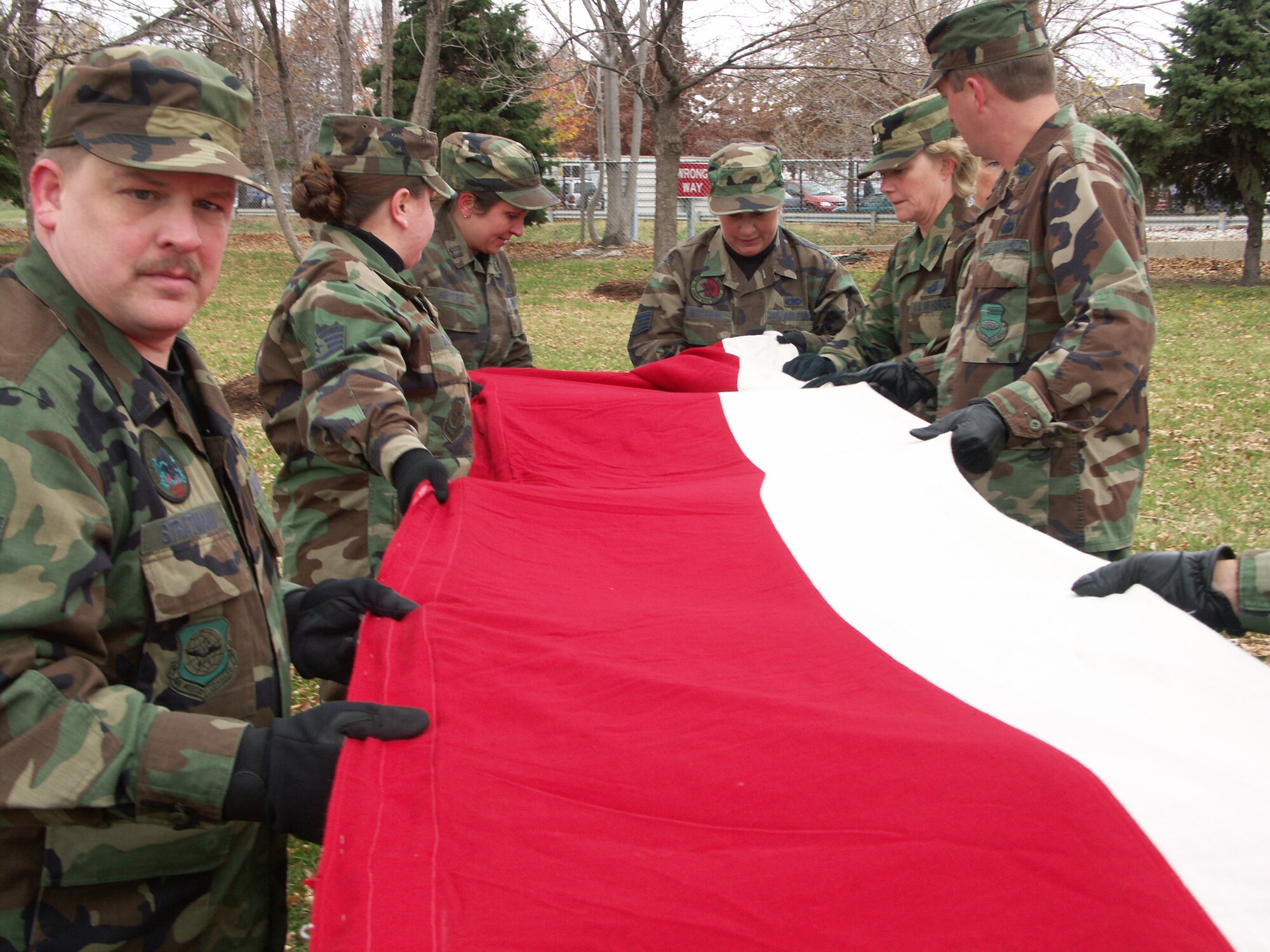 Veterans were honored by members of the 932nd Airlift Wing, Air Force Reserve Command, located at Scott Air Force Base, Ill.  They marched their huge American flag through the streets of Saint Louis on a cold, blustery, November day.  Photo/Capt. Stan Paregien
