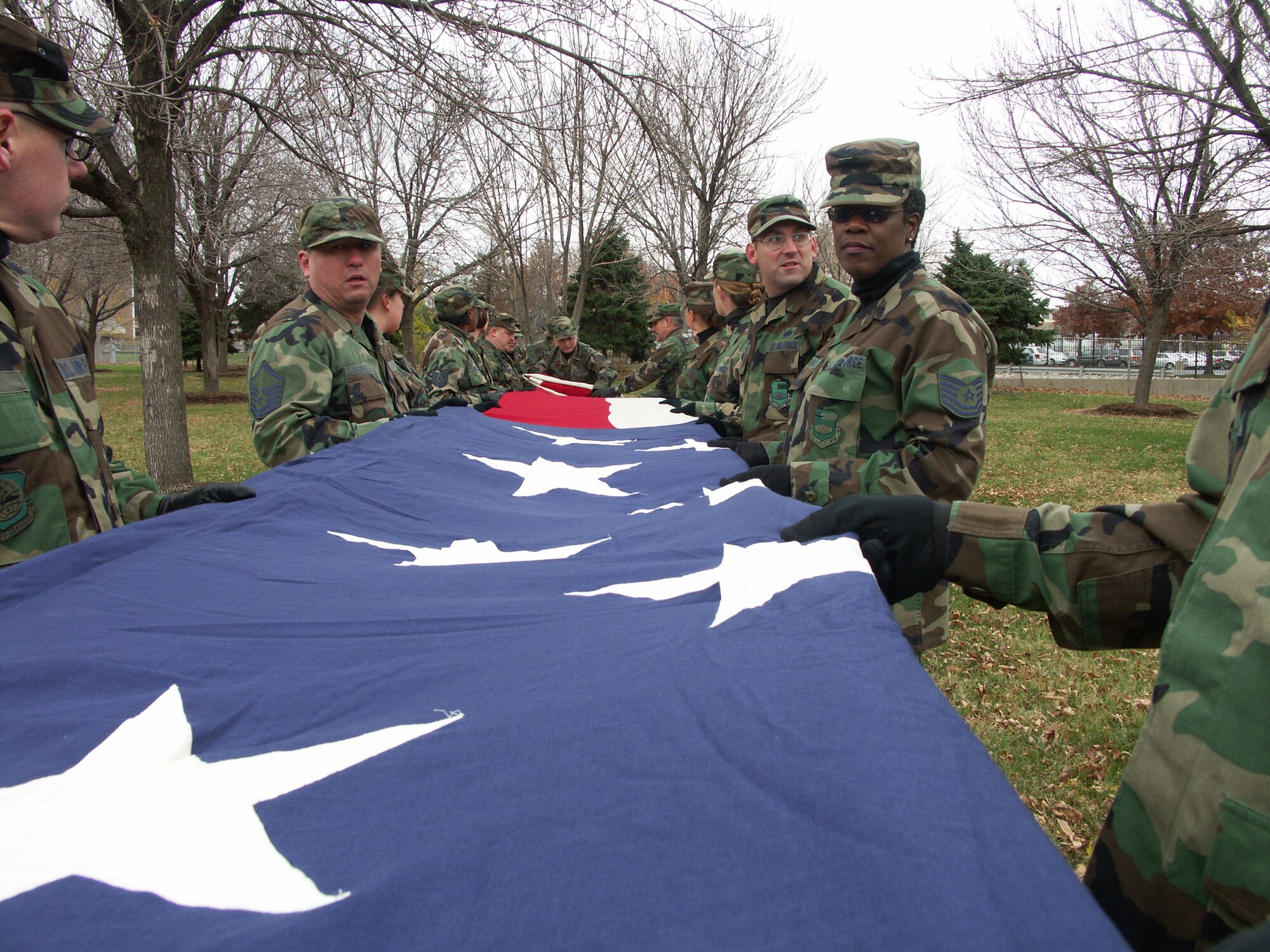 Veterans were greatly honored by members of the 932nd Airlift Wing, Air Force Reserve Command, located at Scott Air Force Base, Ill.  They marched their huge American flag through the streets of Saint Louis on a cold, blustery, November day.  Photo/Capt. Stan Paregien
