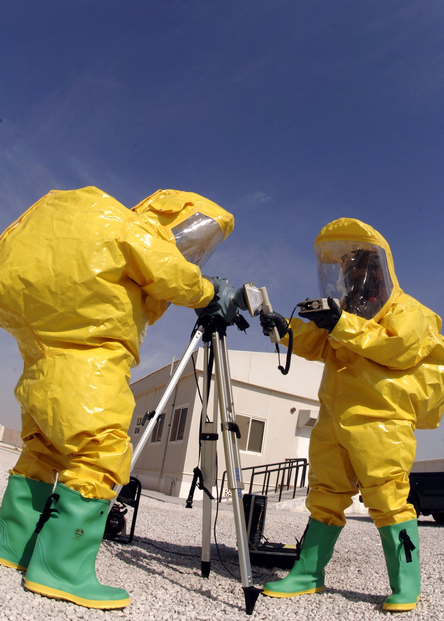 Staff Sgt. Thomas Hefty and Airman 1st Class Brandon Stephens wear Level A suits while using a radeco air sampler and an ADM-300 during a simulated chemical attack. Sergeant Hefty and Airman Stephens are bioenvironmental engineering technicians with the 379th Expeditionary Medical Group in Southwest Asia. (U.S. Air Force photo/Senior Airman Ricky Best)