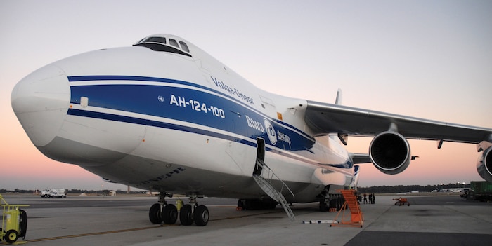 An Antonov AN-124 Ruslan sits on the flightline near the aerial port to be loaded by the 437th Aerial Port Squadron with cargo for the Space and Naval Warfare Systems Command bound for Ali Base, Iraq. (Photo by Airman 1st Class Sam Hymas) (RELEASED)