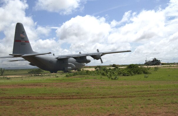 A C-130 Hercules assigned to the 746th Air Expeditionary Flight from Southwest Asia flies missions in support of Combined Joint Task Force - Horn of Africa. The unit was tasked to deliver relief and humanitarian supplies to Ethiopia following a flood. (U.S. Navy photo/Chief Petty Officer Phil Fortnam)

